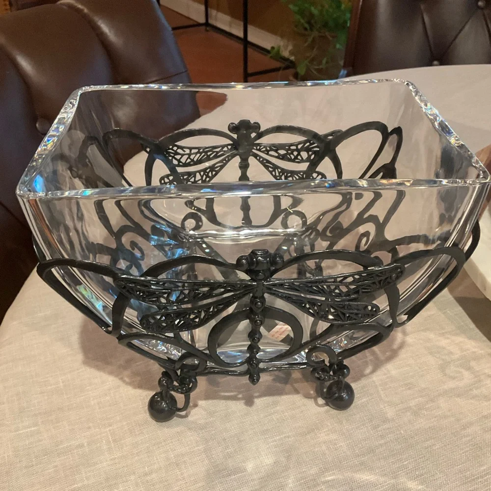 CASTILIAN Poland Crystal Bowl & Dragonfly Hefty Centerpiece 2 Pieces RARE!